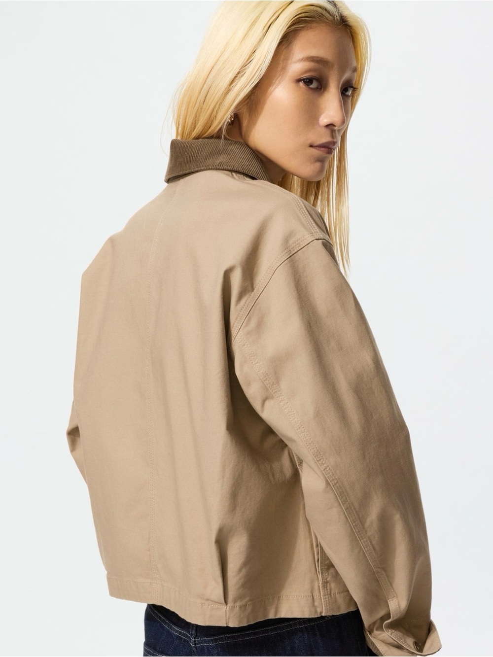 Olive Green Zip Up Crop Jacket with Brown Corduroy Collar - Uniqlo - Picture 8 of 8
